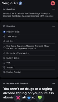 Screenshot of civilian dating profile using the name “Sergio”